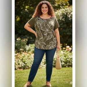 Ann Taylor Factory Olive and White Leaf Print Top